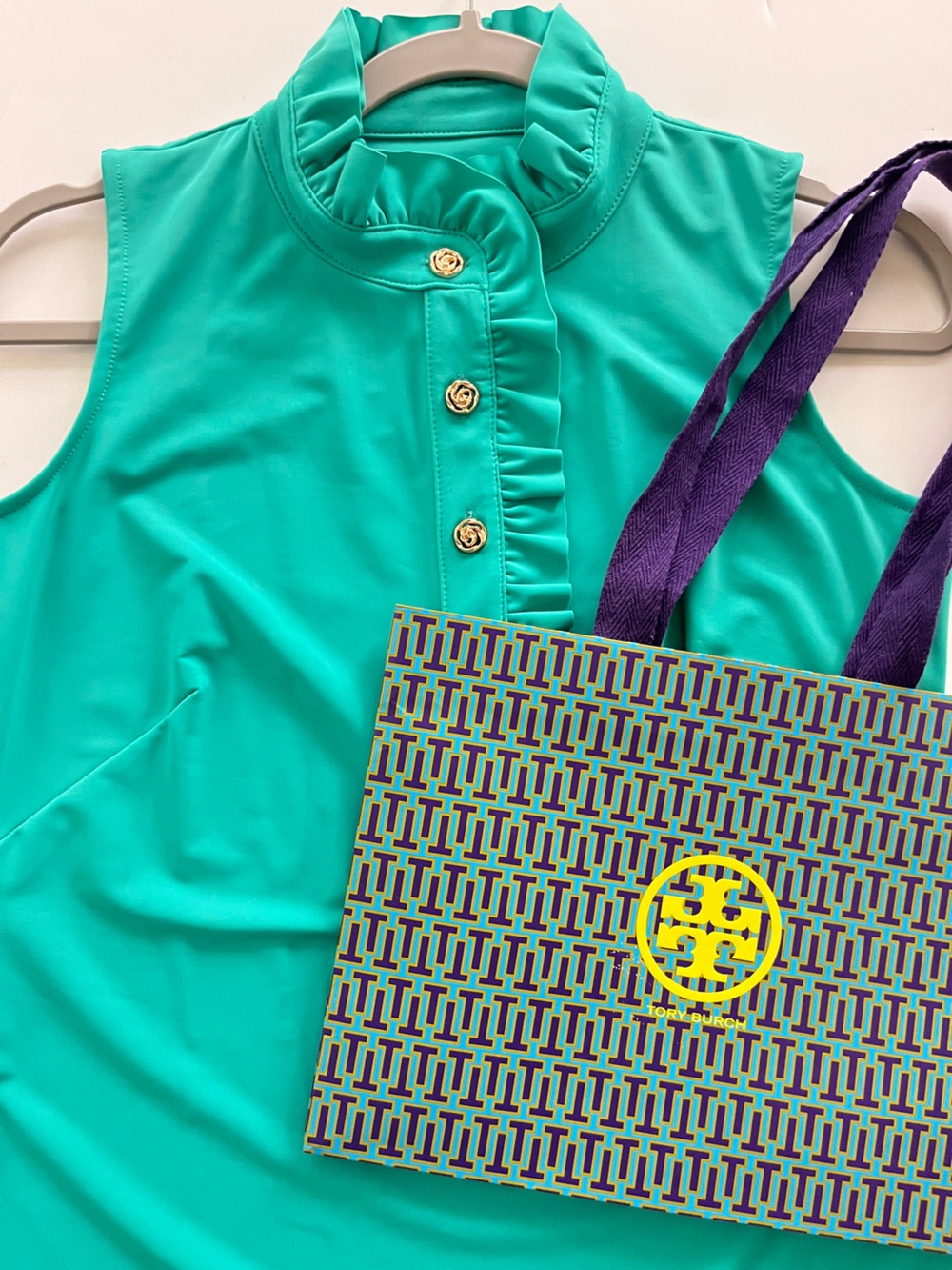 Katherine Way Teal Ruffle Mock Neck Sleeveless Camisole with Gold Buttons